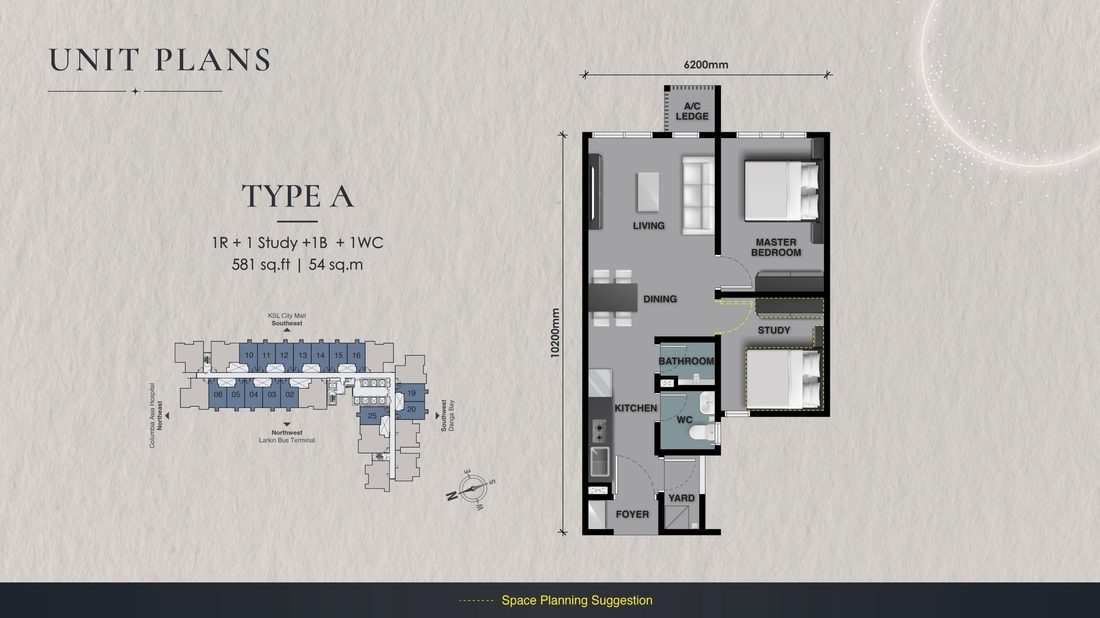 Type A floor plan, 1+1 room 1 bath, 581 sqft