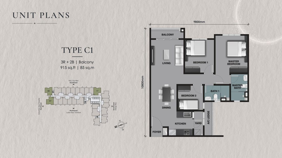 Type C1 floor plan, 3 rooms 2 baths, 915 sqft