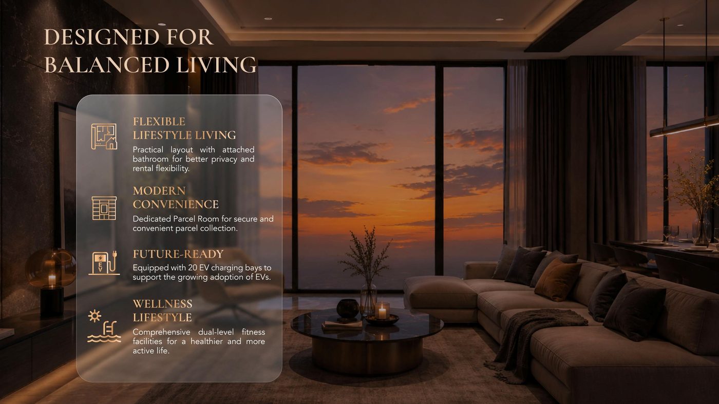 Living room interior at The Celestz with sunset view