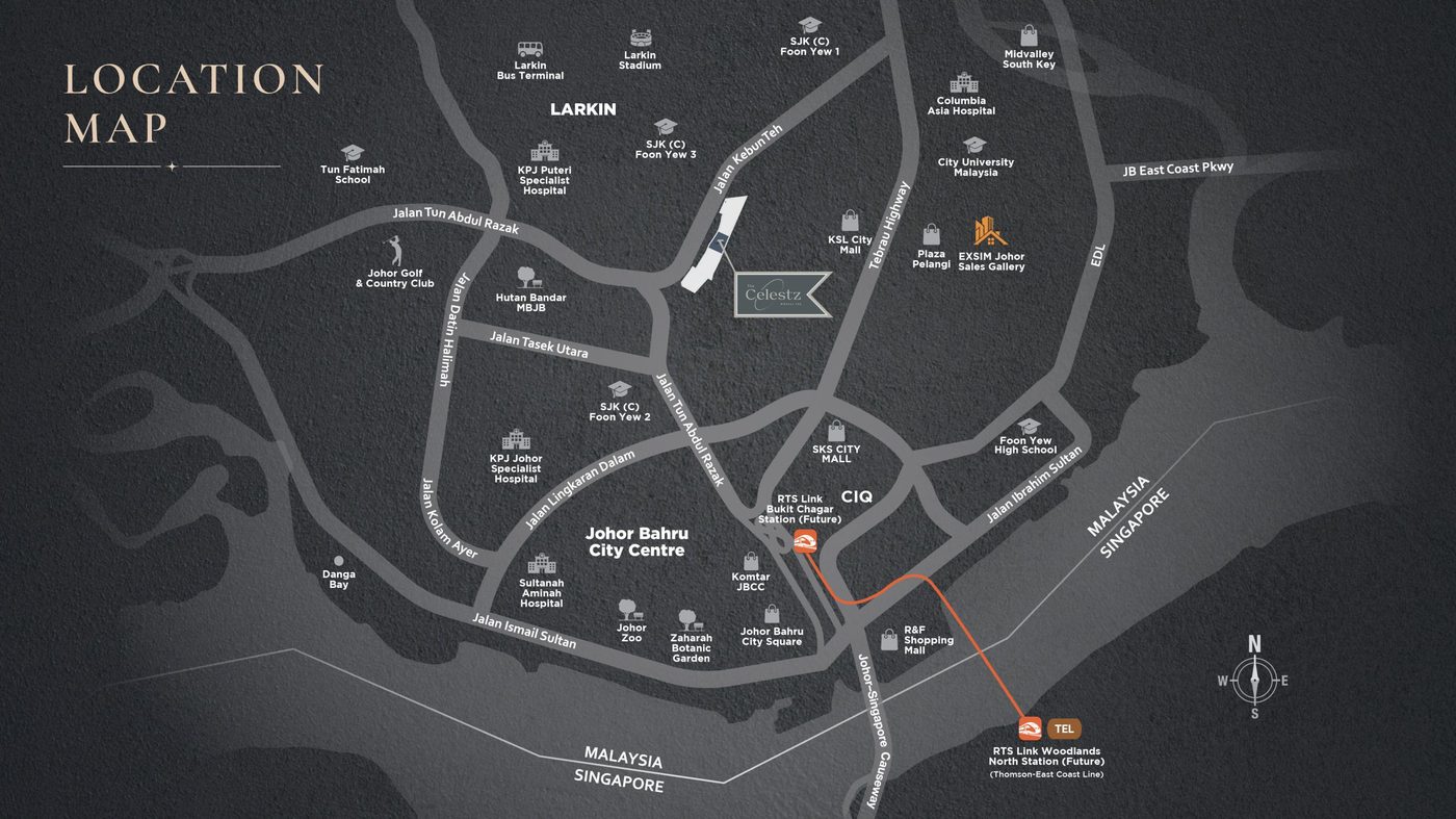 Location map of The Celestz @ Kebun Teh relative to JB city centre and the RTS Link